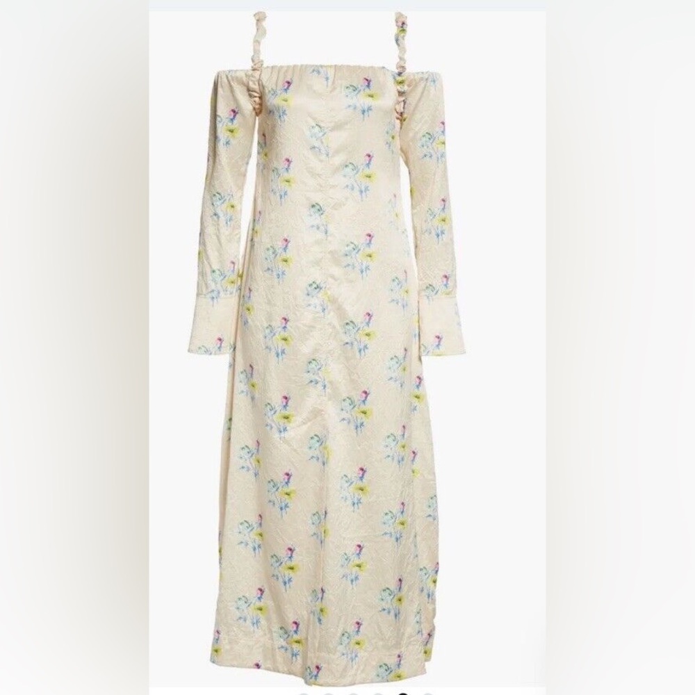 NWT GANNI - Ganni Floral Off the Shoulder Long Sleeve Crinkled Satin Maxi Dress - Picture 8 of 9